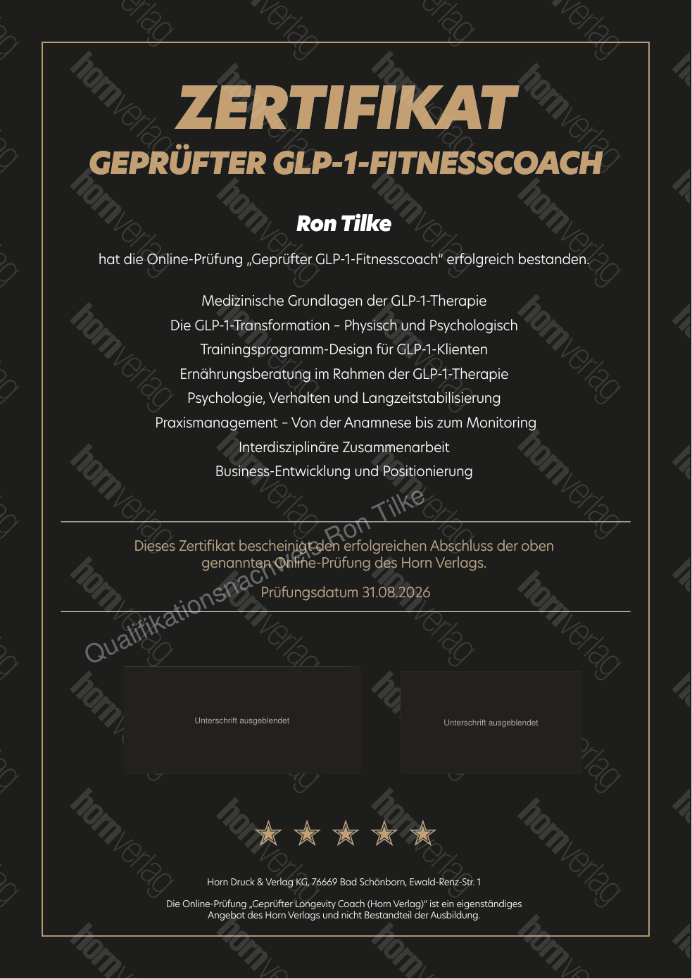 Zertifikat des Horn Verlags für Ron Tilke: Geprüfter GLP-1-Fitnesscoach, Prüfung vom 31. August 2026